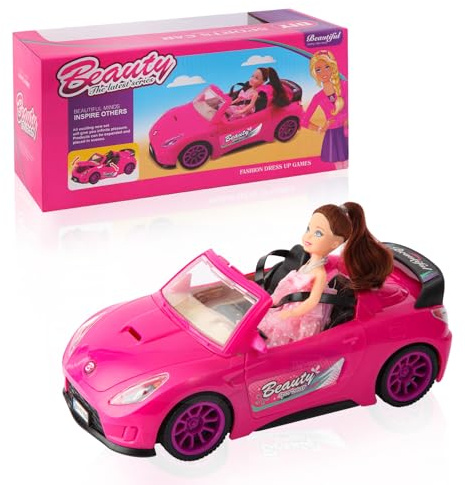 iFunLong Doll & Convertible Car Playset, Toddler Toy Car with Music Sounds, 2-Seater Pink Vehicle with Rolling Wheels, Seat Belts w/ 1 Dolls Included (Compatible with Barbie)
