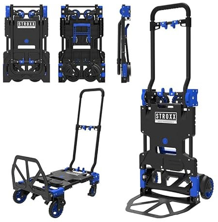 STROXX Handwagen 2-in-1 – verwandelbar in Sackkarre, bis 136 kg Tragkraft, kompakt & flexibel - für Umzüge, Getränkekisten UVM. – Transportkarre mit großer Ladefläche