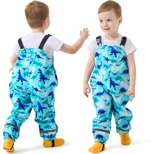 FILOWA Pantalon Impermeable Niños Pantalón Barro con Tiras Reflectantes Bolsillo Peto de Lluvia Azul Dinosaurio Dibujos Pantalón de Lluvia Transpirable Ropa Impermeable para Exterior Infantil 5 años