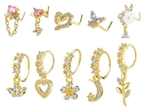 10 Pcs Dangle Nose Rings Hoop For Women 20g Gold Dangling Nose Ring and L Shaped Noses Stud With Charm Indian Piercing Jewelry