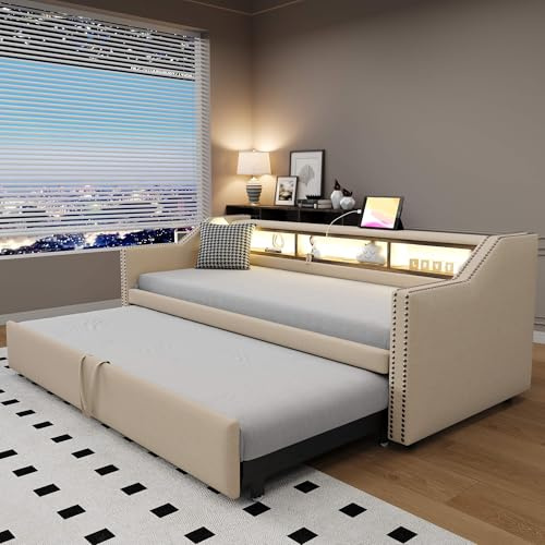 MQGPM Polsterbett Tagesbett 90x190 cm, Schlafsofa Multifunktionsbett mit Multifunktionales Staufach und Ausziehbett, Bettgestell mit Stauraum und Lattenrost, Daybett, Leinenstoff, Beige