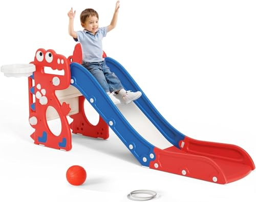 Safety upgrades kids slidefor 1-3 years old, toddler slide with ring and basketball hoop, foldable slide, easy storage, indoor/outdoor/swimming pool (Slide+BallHoop+Rings-RedBlue)