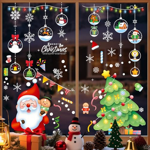 280 Stickers Noel Fenetre, Decoration Noel Fenêtre Autocollant Noël Reutilisable, Père Noël Flocon de Neige Double Face Amovibles DIY Fenêtres Stickers pour Décorer les Fenêtres Vitrine Magasin