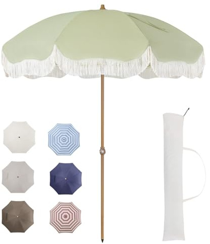 TroHollis Fringed Parasol Umbrella 7ft Outdoor Patio Umbrella With Carry Bag,Beach Fringe|Vintage Tassel Prime Steel Pole And Ribs Push Button Tilt,Ideal For Garden Lawn Poolside,UPF50(Bamboo Green)