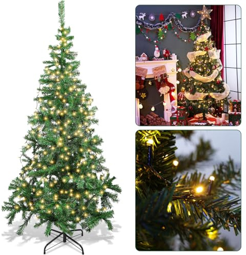 Aigostar 180 CM Árbol de Navidad Artificial,con Cadena de Luces LED de 18 M,8 Modos de Iluminación, 300 LED Blanco cálido, 450 Ramas,Color Verde,Incluye Soporte de Meta