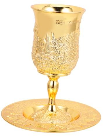 INOOMP Juego de Copa Kiddush de Metal Dorado para Festividades Judías, Diseño Único y Resistente, Copa de Vino para Passover y Shabat