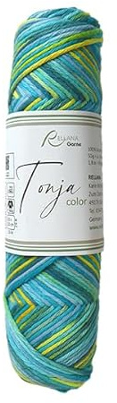 Topflappengarn Tonja color von Rellana, Baumwollgarn Matt, 100% Baumwolle, 50g = 85m Lauflänge, Nadelstärke 3-3,5, Waschbar bis 60°, für Topflappen zum Stricken und Häkeln (421 petrol-grün-gelb)