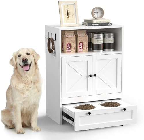 Yvsevnr Tierfutterschrank Hunde Schrank Futterstation mit 2 Edelstahlnäpfen Haustier Futterschrank mit Haken 2 in 1 Lagerschrank Futterstation Hundefutter Spielzeugaufbewahrung für Hunde 60x35x82 cm