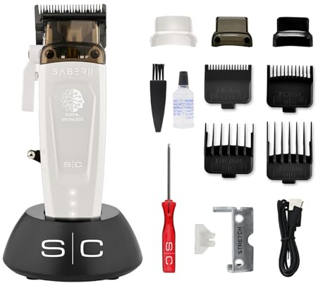 Stylecraft Saber 2.0 professionell klippare, hårtrimmer för män med borstlös EON-motor, justerbart blad, 120 minuter trådlös drifttid, metallfodral, USB-kabel typ C (vit)