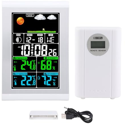 Weather Clock Wall Digital Display, Indoor Outdoor Temperature Humidity Meter, Weather Forecast Station with Wireless Sensor, Full Color Screen for Home Garden Office Monitoring