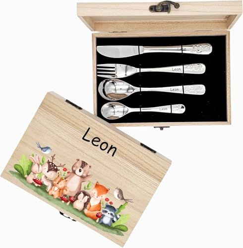 Personalisierte Holzbox/Kinderbesteck mit Gravur, 5-teilig | Mit Namen, verschiedene Motive, Baustelle, Prinzessin, Fußball u.v.m., Geschenk zur Taufe, Geburt oder Geburtstag, Waldtiere
