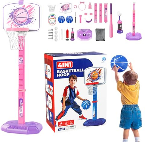 Set de aro de Baloncesto, aro de Baloncesto para niños pequeños - 4 en 1 para niños de béisbol de béisbol Altura Ajustable | Juego de Pelota de Juguetes Deportivos al Aire Libre en Interiores Durante