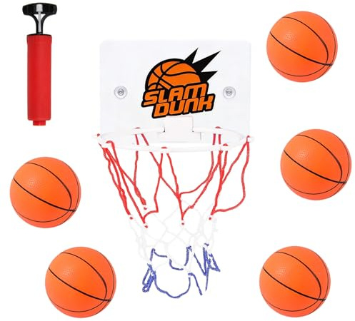 LIULINY 7 Pezzi Canestro Basket da Camera, 1 Pezzi Mini Canestro Basket, 5 Mini Baskets, Giocattoli da Bagno Pallacanestro con Ventosa e 1 Pompa ad Aria, per Camera Bagno, Regalo per Bambini e Adulti