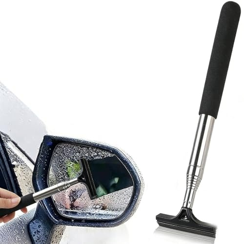 Car Mirror Wiper, Retractable Side Mirror Squeegee Cleaner, Black | Retractable car mirror wiper with rubber blade and long handle for side mirrors, windows, rain, fog, snow and dust.
