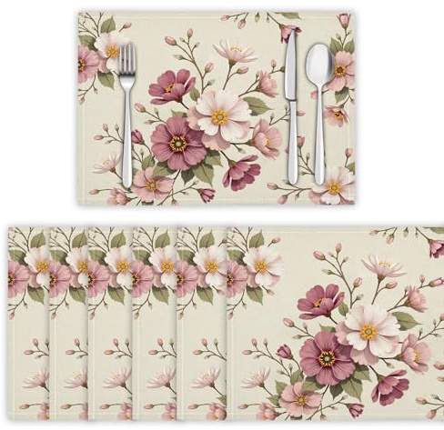 Set di 4 Tovagliette Classico E Elegante Sottopiatti Americane Margherite Invase Dalle Erbacce Tovaglietta Lino Decorazione Vacanze per Cucina, Tavolo da Pranzo, Feste, 30 x 45 cm, Beige