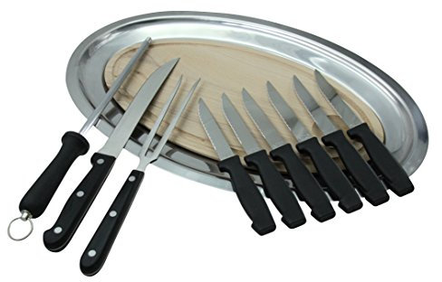 Lebrun couvert Plat à viande avec Planche à découper ovale/Couteau à découper/Fourchette à viande/Fusil/6 Couteaux steak Acier Inoxydable Inox 46 x 28,5 x 5 cm