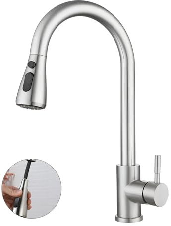 ZSMJAER Grifo de Cocina Extraíble Negro/Silver, Fregadero Acero Inoxidable, 2 Modos Giratorio 360°, 60 cm Cabeza Extensible
