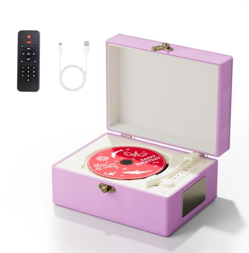 Yintiny Rechargeable Leather CD Player with Speakers; Bluetooth Transmitter; Festival Gift; BGM Player for Home Décor (Purple)