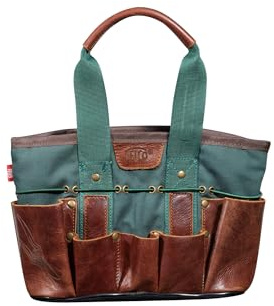 FELCO 482 Borsa Porta Attrezzi da Giardino, Tela Idrorepellente, Tasche in Pelle di Bufalo Cerata, Fondo in Pelle Nera, Cinghie Elastiche Dori, 300mm, Design Funzionale ed Elegante