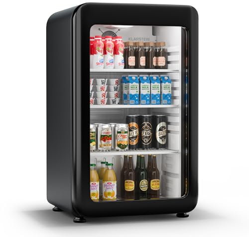 KLARSTEIN Audrey EVO Nevera Bebidas - 93L Frigorífico para Bebidas, Puerta Doble Acristalamiento, Iluminación Led, Termostato Mecánico, 0-10°C, Diseño Retro, Negro