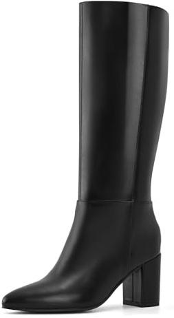 Shoe'N Tale Knee High Boots for Women Chunky Block Heel Fall Winter Pointed Toe Boots(8,Black PU)
