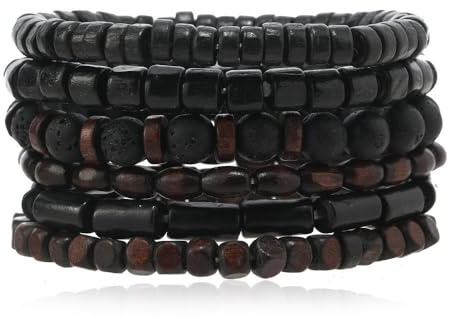 JAVMOO Wooden Bead Bracelet for Men Women Leather Stack Wrap Hemp Cords Ethnic Tribal Bracelets Black Wood Beads Vintage Jewelry Wristbands