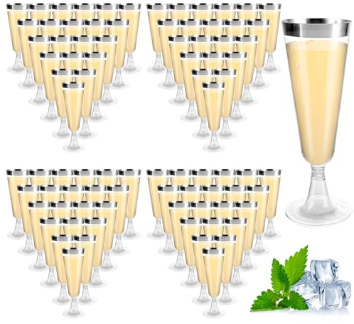 AKOLAFE 100 Stück Sektgläser 160ml Plastik Sektgläser BPA -Frei Mehrweg Transparentes Sektglas Mit Silbernem Rand Günstiger Sektkelch Stapelbare Champagnergläser für Hochzeiten, Geburtstage, Partys