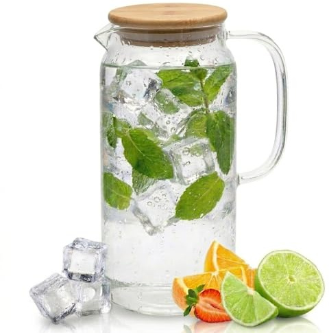 Jarra de Agua Cristal 1,2L con Tapa Bambú Natural. Jarra de Agua en Vidrio Borosilicato Resistente al Calor, Botella Cristal Reutilizable, Vida Saludable. (1,2 Litros, Tapa de Bambu)
