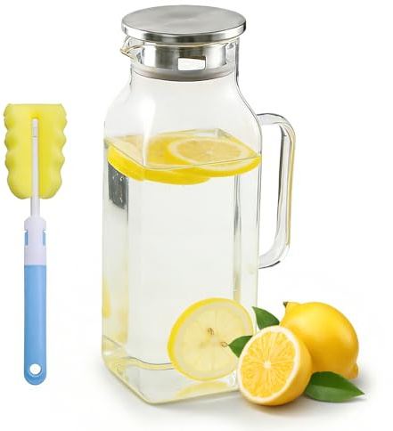 Glaskaraff 2 000 ml, värmebeständig vattenkaraff av borosilikatglas med dubbel pip, fyrkantig vattenkanna för kylskåpsdörr, med nätfilter för te, juice, iste och varma drycker