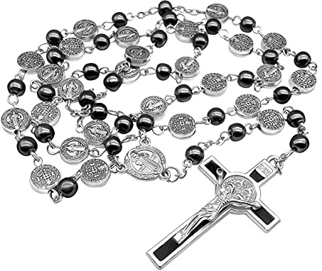 San Benito Rosario de Plata Collar Católico NR Medalla hecha a mano Jerusalén