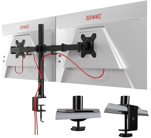 Duronic DM152 Dual Monitor Arm Desk Mount, Adjustable Ergonomic Stand 13-27 Inch Screens, Tilt Swivel 360° Rotation, Cable Management, VESA 75/100, 8kg per Arm, C-Clamp & Grommet, Black, Home Office