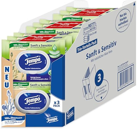 Tempo Carta igienica, umida, delicata, Trio Pack (18 confezioni da 42 fogli ciascuna), confezione grande, 1 kg