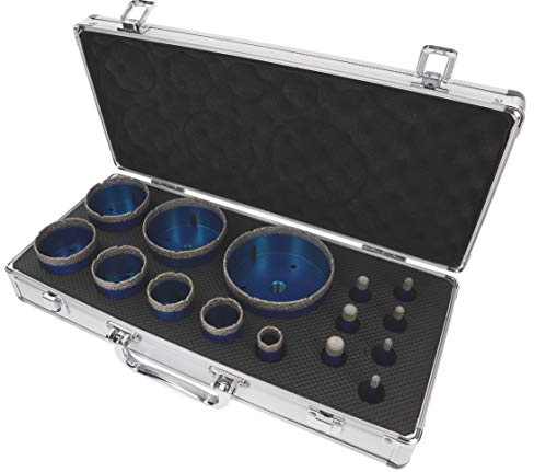 PRODIAMANT juego de brocas de diamante gres fino seco 15 piezas 6mm 8mm 10mm 12mm 14mm 20mm 35mm 40mm 50mm 60mm 68mm 82mm 100 mm para amoladora angular con estuche