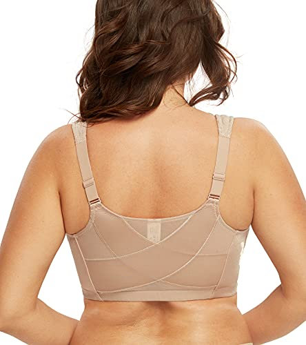 DotVol Women's Full Figure Front Closure Wirefree Jacquard Back Support Posture Bra(Beige,46B)