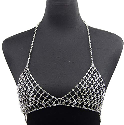 Generic Cadenas de sujetador sexy Cadena de cintura de cristal Cadena de cuerpo de diamantes de imitación Cadena de sujetador superior de bikini Joyería corporal de oro para mujeres y niñas Plata