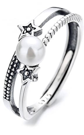 Banemi Ring Frau, Beisteckring Silber Sternperle Offene Gravur Hypoallergen Ring Weihnachtsgeschenk für Mutter