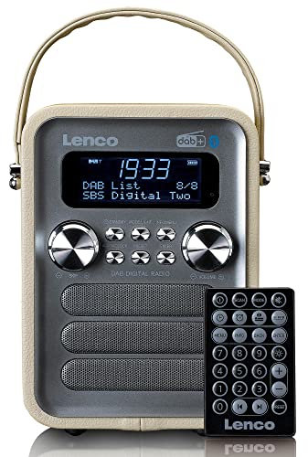 Lenco PDR-051 Radio portatile DAB+ Retro – PLL FM Radio con Bluetooth – Batteria integrata – 1800 mAh – Orologio e timer – 5 Watt RMS – Telecomando – Tortora