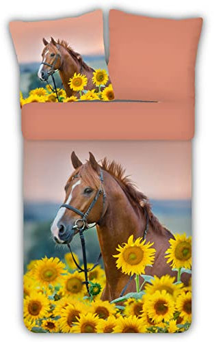 ESPiCO Bettwäsche Trendy Bedding Pferd Sonnenblumen Feld Blumen Landschaft Sonnenuntergang Rosa Bunt Renforcé, Größe:135 cm x 200 cm