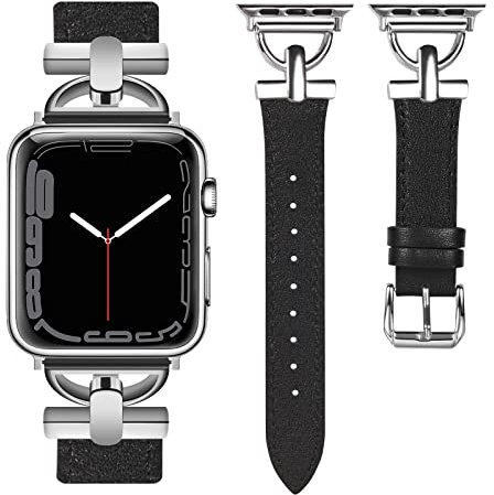 Wearlizer Lederarmband Kompatibel mit Apple Watch Armband 40/41/38/42mm,Elegant Leder Armbänder für iWatch Series 11 10 9 8 7 6 5 4 3 SE 3 2 1,Schwarz/Silber