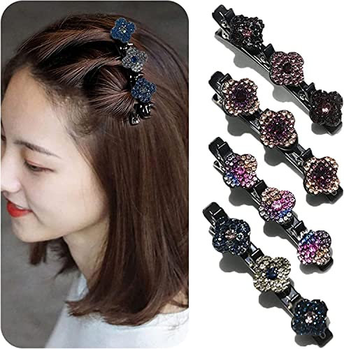 Glitzernde Kristall-Stein Geflochtene Haarspangen, Kolibri Haarspange mit Kristallblume, Klee-Strass-Haarspange, Große Haarspangen für Dickes Haar mit 3 Mini-Haarspangen für Damen Mädchen (A-01)
