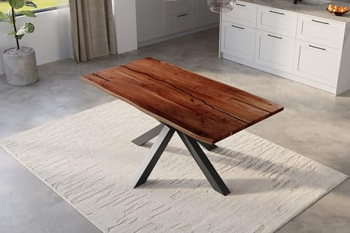 SAM Esstisch Polly Epoxy 160x85 cm Akazie nussbaum Spider-Gestell schwarz | Baumkantentisch massiv, Akazienholz nussbaumfarben, 26 mm Tischplatte, echte Baumkante, Epoxidharz-Adern in Schwarz