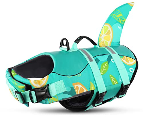 Queenmore Schwimmweste Hund Einstellbare Hunde Schwimmweste, Ripstop Rettungsweste mit hohem Auftrieb und langlebigem Rettungsgriff für Hund für mittlere große Hunde, (LemoPrint, XL)