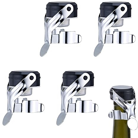 4 Stück Edelstahl Champagner Verschluss Flaschenverschlüsse Universal Flaschenverschluß Champagner Stopper Sektverschluss Vakuum für die Weinsammlung, Champagner, Glasflaschen (Schwarz)