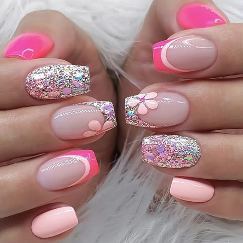Ceboic 24 Pièces Faux Ongles Court Carrés, French Glossy Press on Nails Nude Rose Brillant Ongles à Coller, Acrylique Couverture Complète Faux Ongles Autocollants Reutilisable pour Femme et Fille