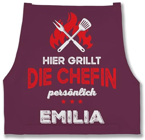 Schürze - Grillschürze Damen - Hier grillt die Chefin persönlich mit Name I Lustig Grillen Frauen I Geschenk Grillen personalisiert - 85x69 - Aubergine - grillschürzen für kochschürze lustige