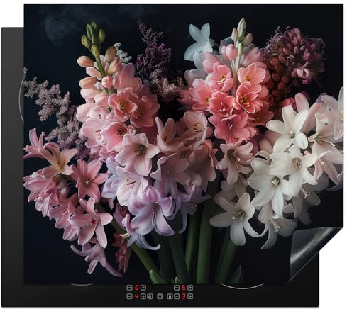 KitchenYeah© Induction Hob Protector Mat Cooker Top Protectors Cover | 20.5x23.2 / 59x52 cm - Ceramic Covers Electric Hobs Vinyl Hyacinth - Flowers - Pink - White - Botanical - Nature