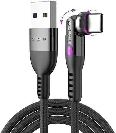 Statik PowerPivot USB C Charger Cable - 360 Rotating Head, 15W Fast Charging, Data Transfer, 3FT/1M | 360° rotating swivel head, nylon braided, 15W/5V3A, 480Mbps data, LED indicator, Black, 3FT, 1 Pack