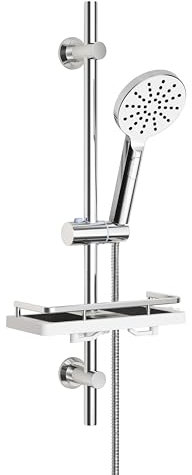 Görbach Colonna Doccia Acciaio Inox Senza Miscelatore Fori Muro Regolabili, Asta per Doccia 70 cm con Soffione, Tubo Flessibile, Supporto per Doccetta e Portasapone Mensola per bagno, Rotondo, Cromato