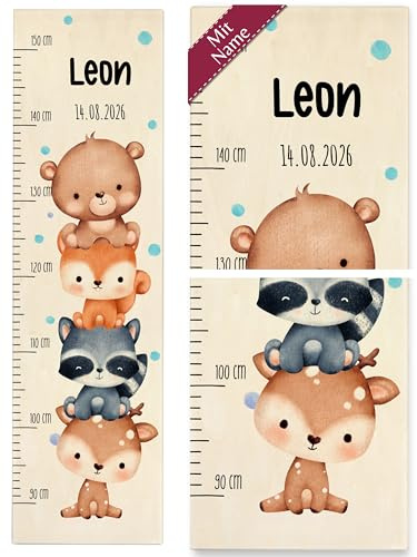 Messlatte Kind Holz - Tiere - Kindermesslatte niedliche Wildtiere mit Name und Geburtsdatum Babymesslatte I Bär I Eichhörnchen I Waschbär I Reh - 90-150 cm - Holz - kinder größe 160 tier