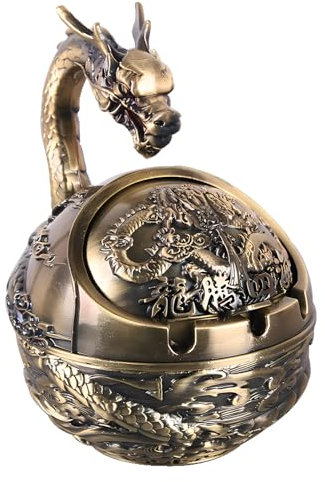 Stylitzy Dekorativer winddichter Vintage-Aschenbecher mit Deckel für Zigaretten, Metall, tragbar, für drinnen und draußen, handgeschnitzt, ausgefallenes Geschenk, Ornament für Männer (Bronze-Drache)